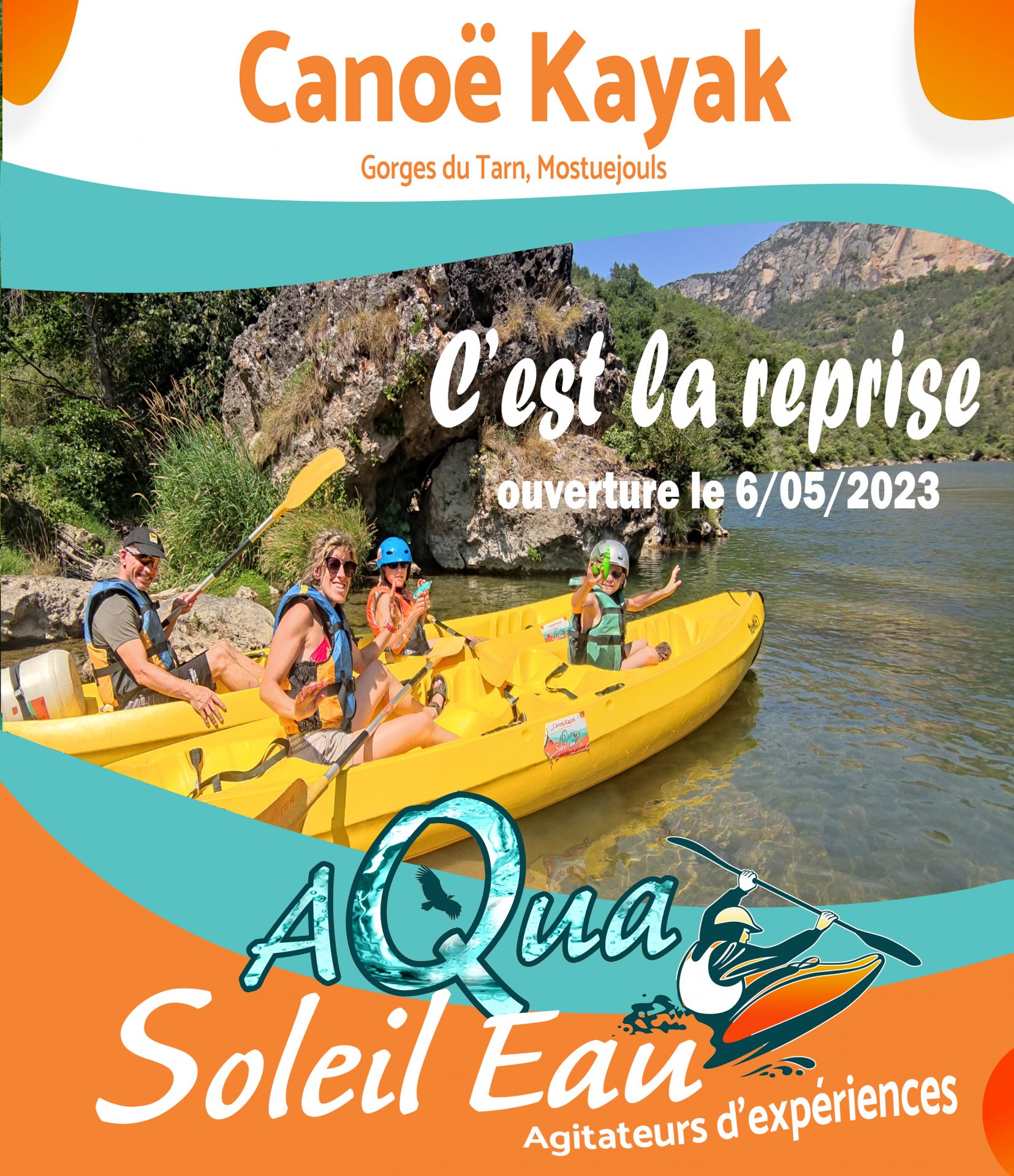 ouverture saison canoe kayak dans les Gorges du tarn le 6/05/2023 avec Aqua Soleil Eau canoe Mostuéjouls